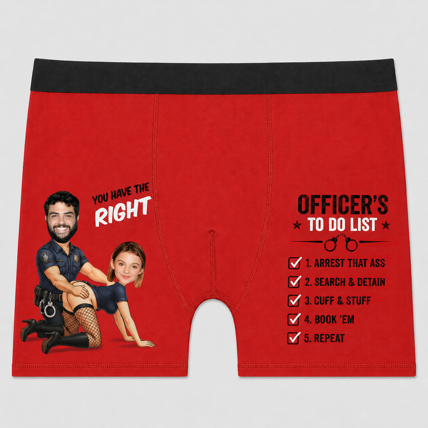 Personalized Police Couple Face Boxer Briefs – Funny "Officer's To Do List" Custom Photo Underwear Gift for Husband & Boyfriend