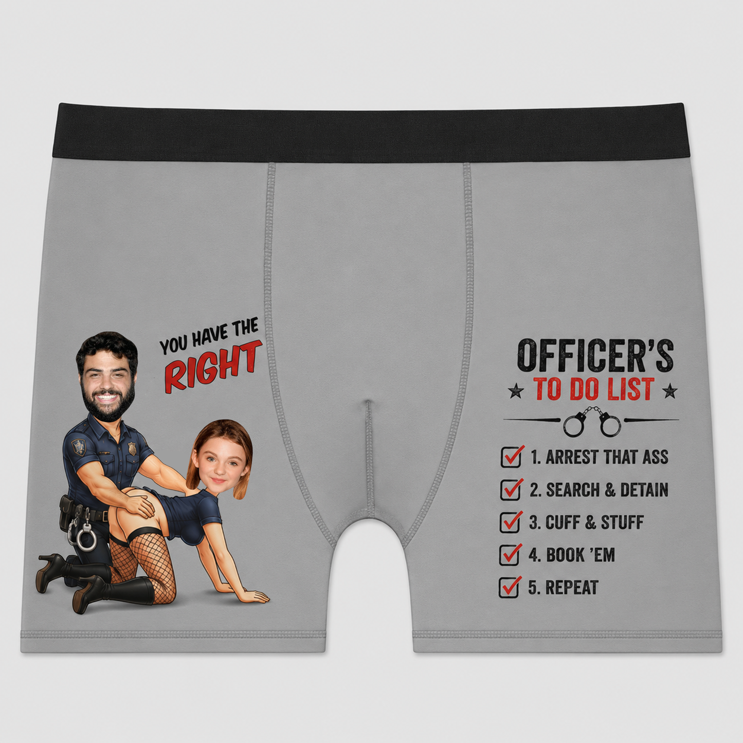 Personalized Police Couple Face Boxer Briefs – Funny "Officer's To Do List" Custom Photo Underwear Gift for Husband & Boyfriend