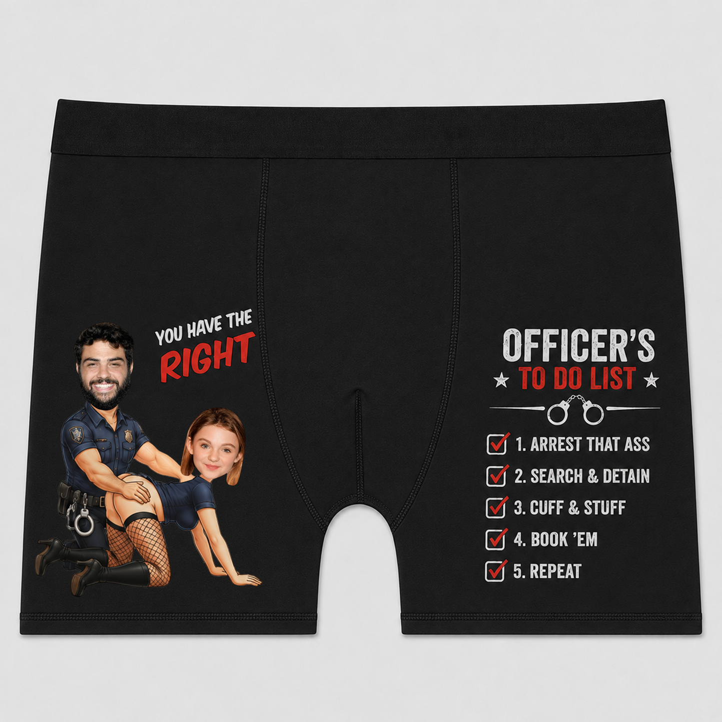 Personalized Police Couple Face Boxer Briefs – Funny "Officer's To Do List" Custom Photo Underwear Gift for Husband & Boyfriend
