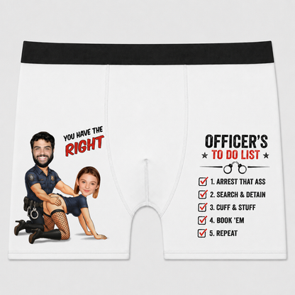 Personalized Police Couple Face Boxer Briefs – Funny "Officer's To Do List" Custom Photo Underwear Gift for Husband & Boyfriend