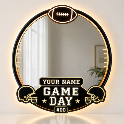 Personalized American Football Game Day LED Mirror – Custom Name & Number Sports Wall Decor