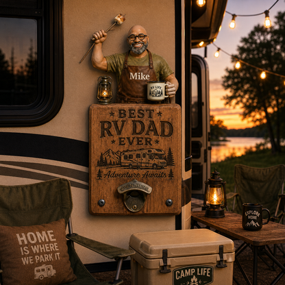 Personalized Best RV Dad Ever Wall Bottle Opener – Custom Photo Wooden RV Camping Sign, Adventure Gift for Dad