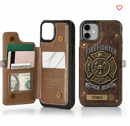 Personalized Firefighter Leather Wallet Phone Case – Custom Name RFID Flip Folio iPhone Case Gift for Firefighters