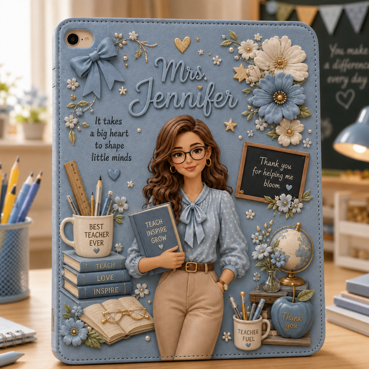 Personalized Teacher iPad Case with Custom Name – Floral Teacher Tablet Cover, Protective PU Leather Stand Case, Teacher Appreciation Gift