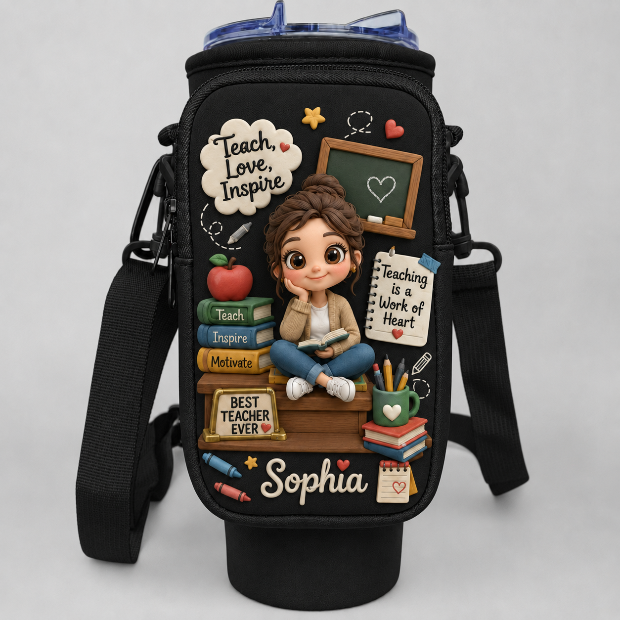 Personalized Teacher Tumbler Carrier Bag – Custom Photo 40oz Water Bottle Holder With Strap