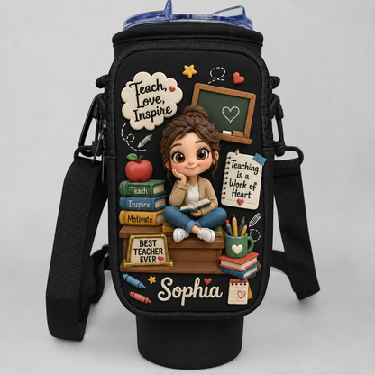 Personalized Teacher Tumbler Carrier Bag – Custom Photo 40oz Water Bottle Holder With Strap