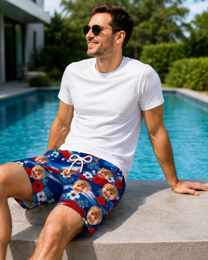 Custom Photo Tropical Hawaiian Aloha Men Beach Shorts - Personalized Summer Vacation And Travel Gifts - Tropical Flowers, Happy Paws