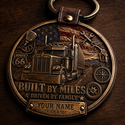 Personalized Trucker Keychain for Men – Custom Semi Truck Driver Gift, Engraved Leather & Metal Keychain, Trucker Dad Gift