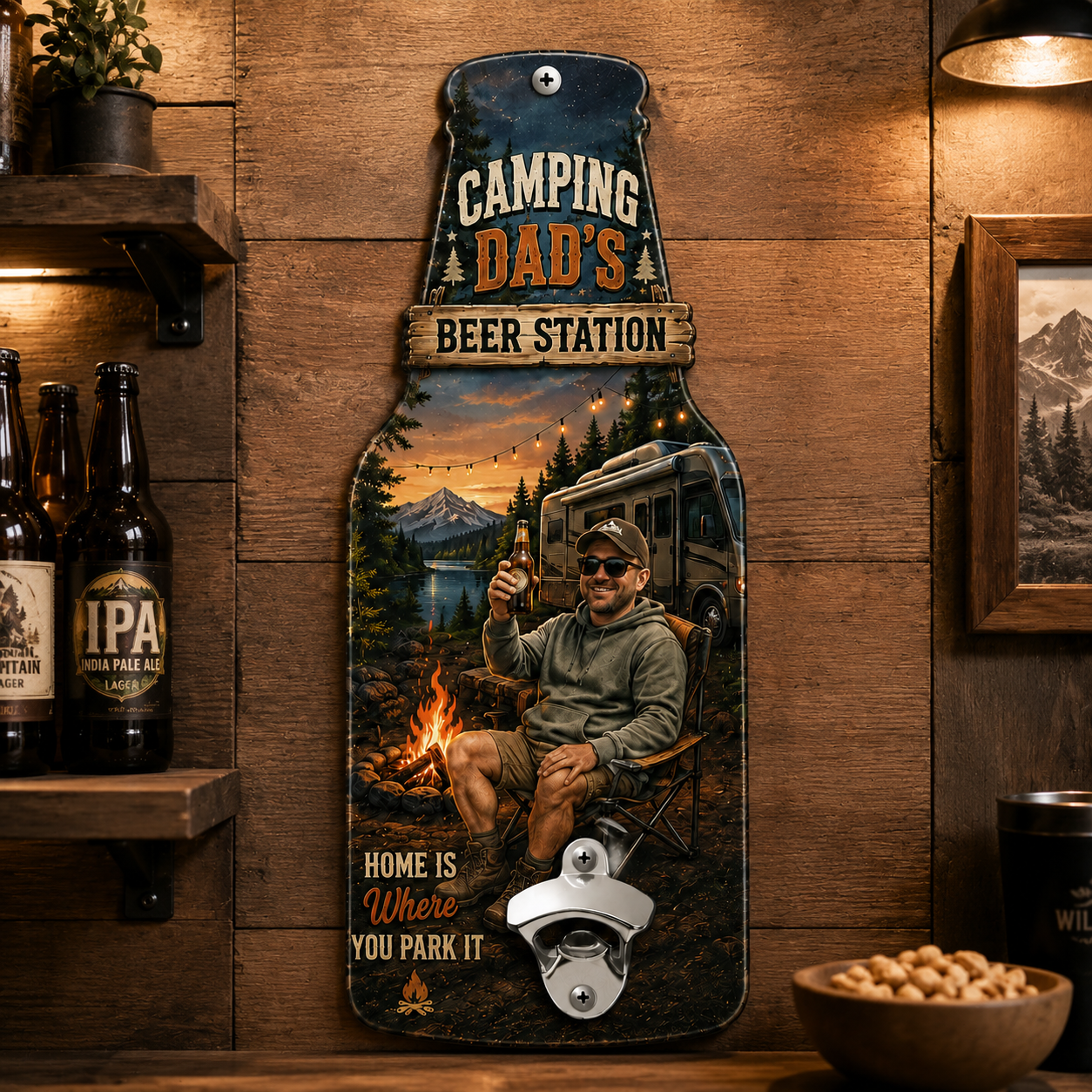 Personalized Camping Dad Photo Wall Bottle Opener – Custom RV Beer Station Metal Sign, Gift for Dad