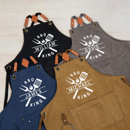Personalised BBQ King Canvas Apron with Name and Pocket Kitchen Accessory Father's Day Birthday Anniversary Gift for Dad Husband Cooking Lover