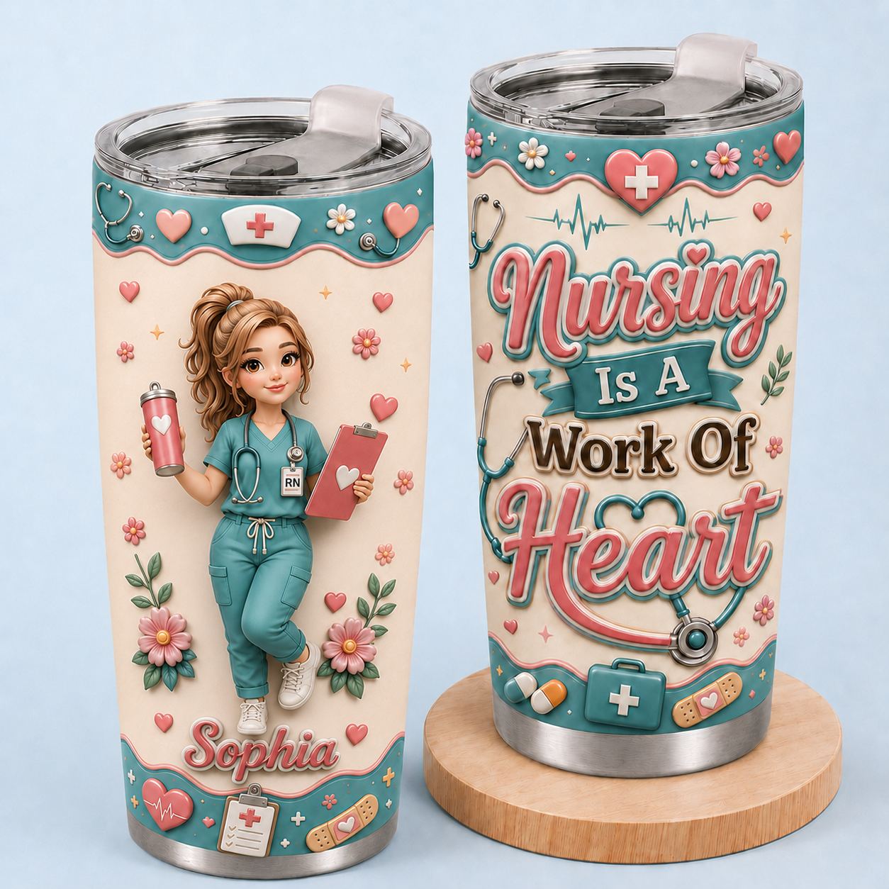 Personalized Nurse Tumbler – Nursing Is A Work Of Heart Custom Name 20oz Stainless Steel Cup