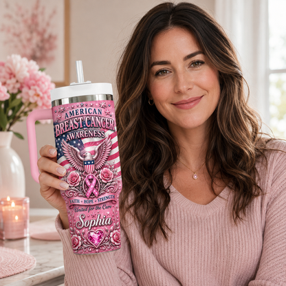 Personalized American Breast Cancer Awareness 40oz Tumbler With Straw – Strength, Hope & Courage Gift