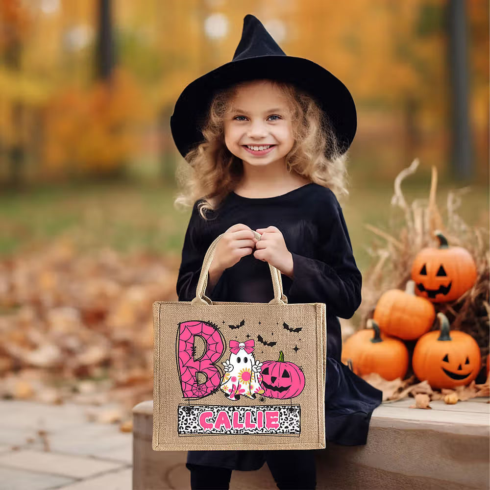 Personalized Playful Ghost Pumpkin Bat Large Jute Tote Bag with Name Halloween Trick or Treat Gift for Kid Boy Girl