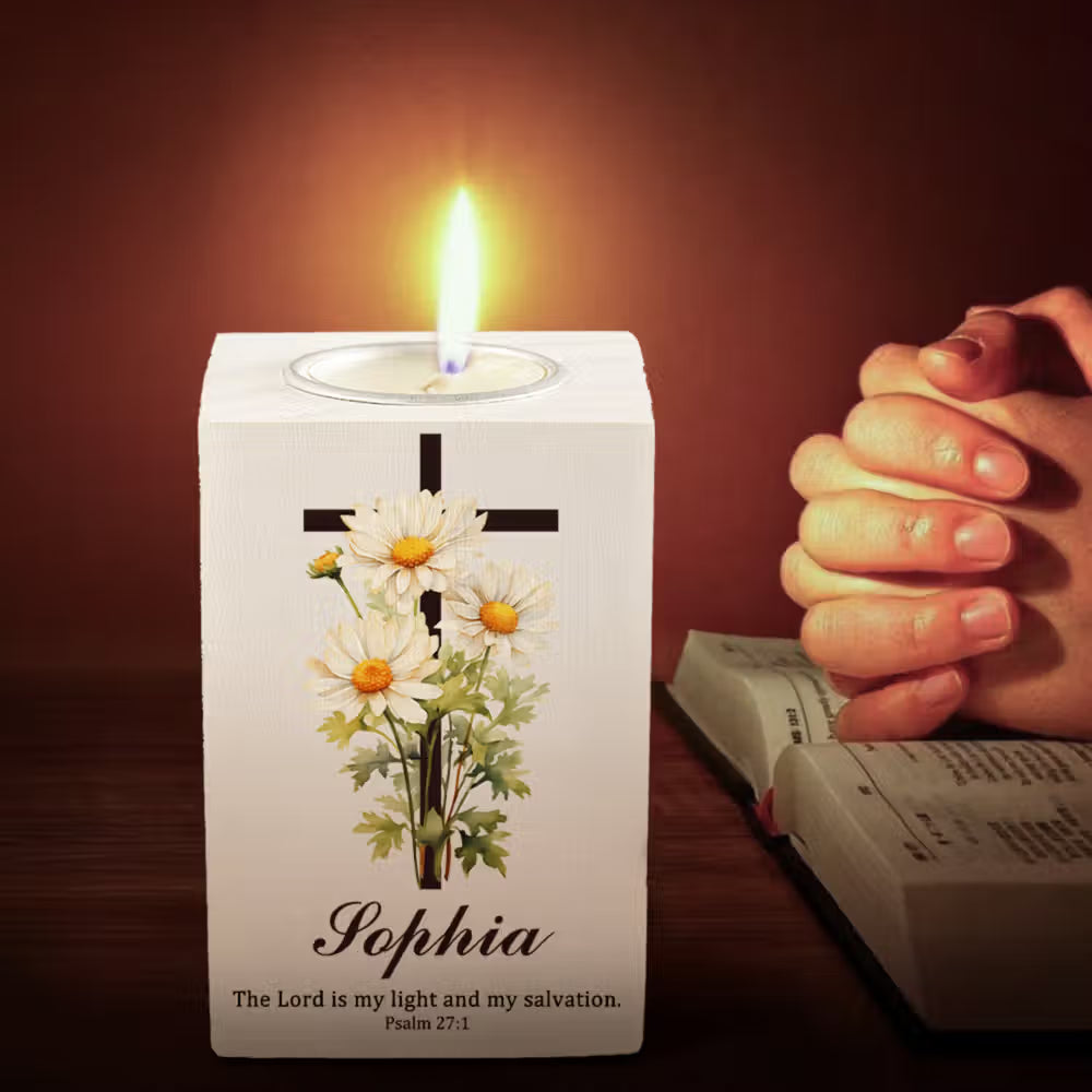 Personalized Birth Flower Cross Bible Verse Wooden Candle Holder with Name Birthday Baptism Gift for Christians