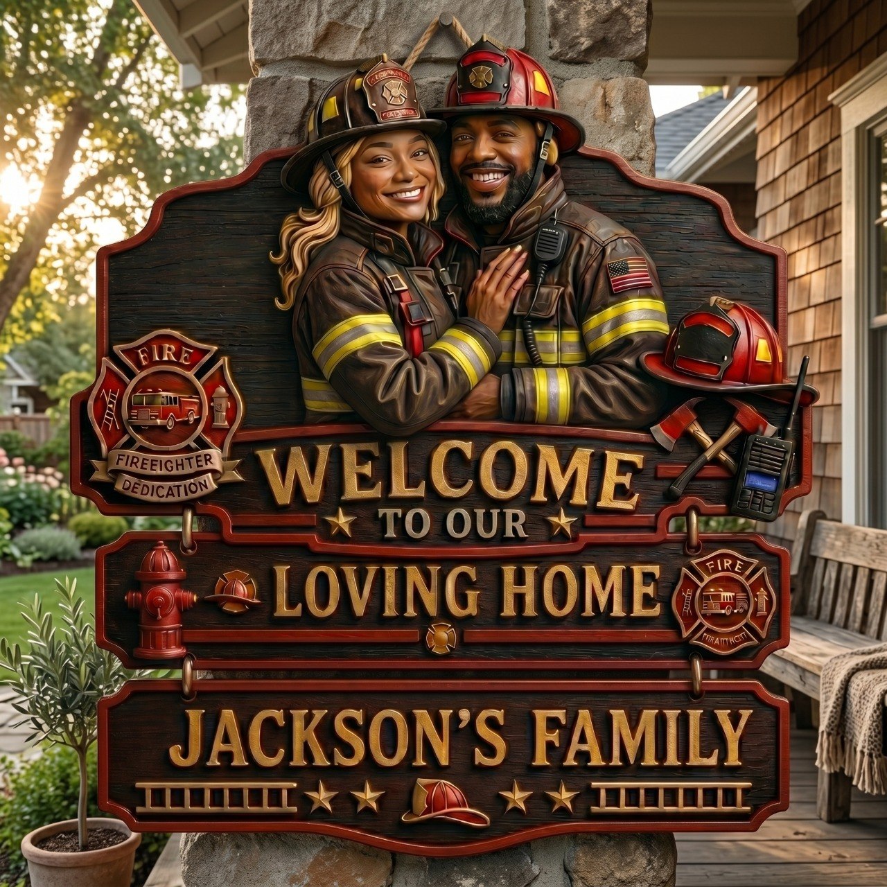 Personalized Firefighter Welcome To Our Loving Home Pallet Wood Sign – Custom Photo Rustic Wall Decor