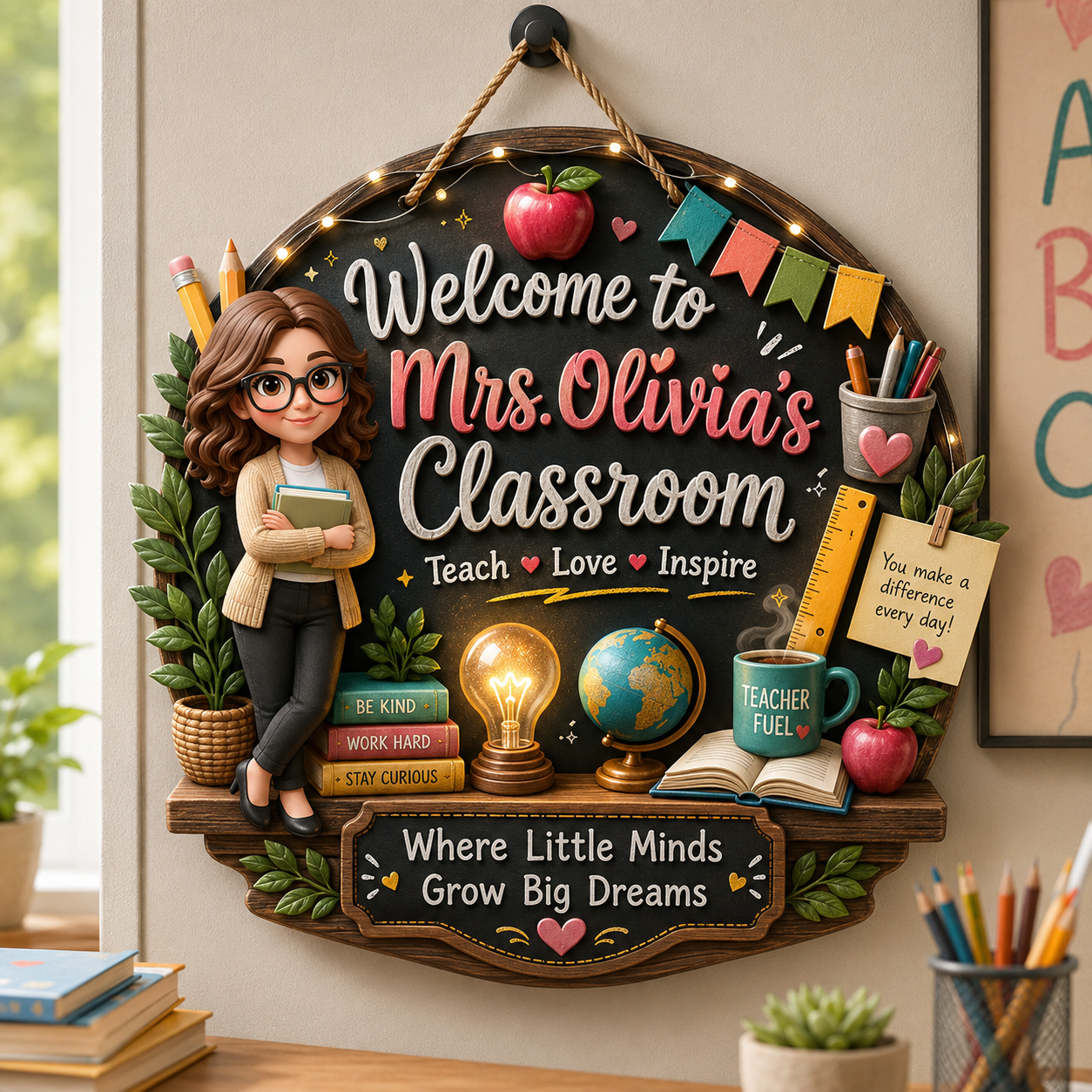 Personalized Wooden Sign with Cute Teacher Illustration, Inspire Learn Grow, Unique Creative Gift for Teacher