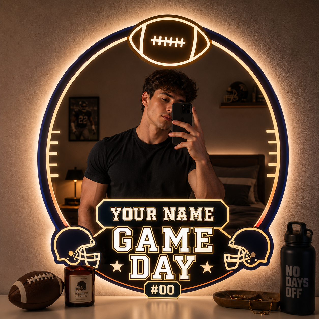 Personalized American Football Game Day LED Mirror – Custom Name & Number Sports Wall Decor