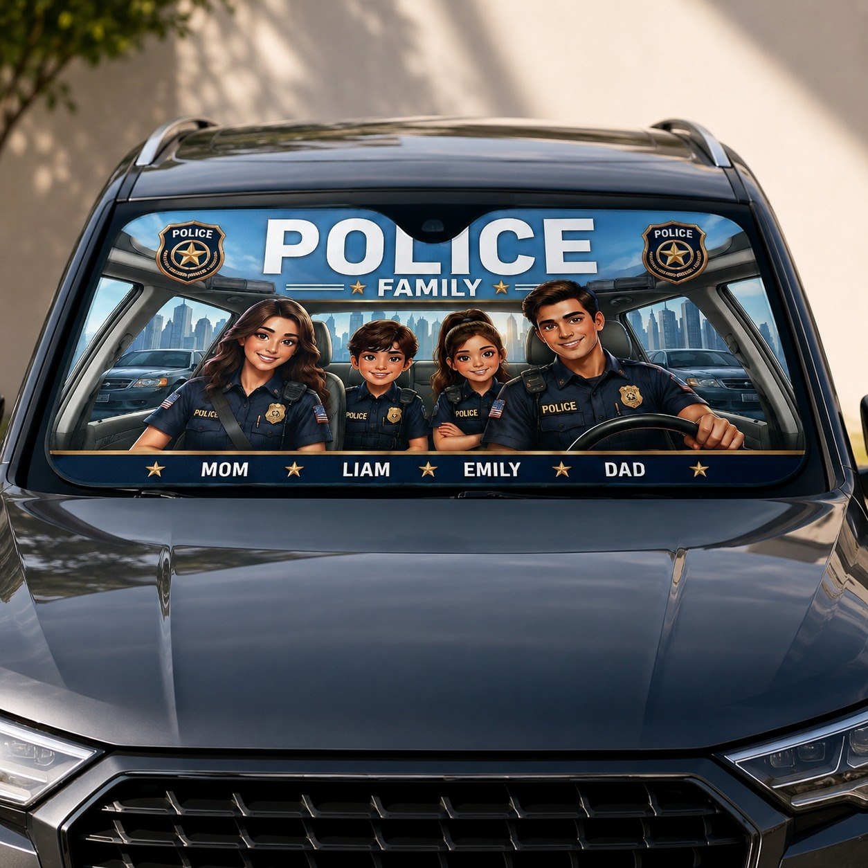 Personalized Police Family Auto Sunshade – Custom Family Car Windshield Cover Gift For Police Officers