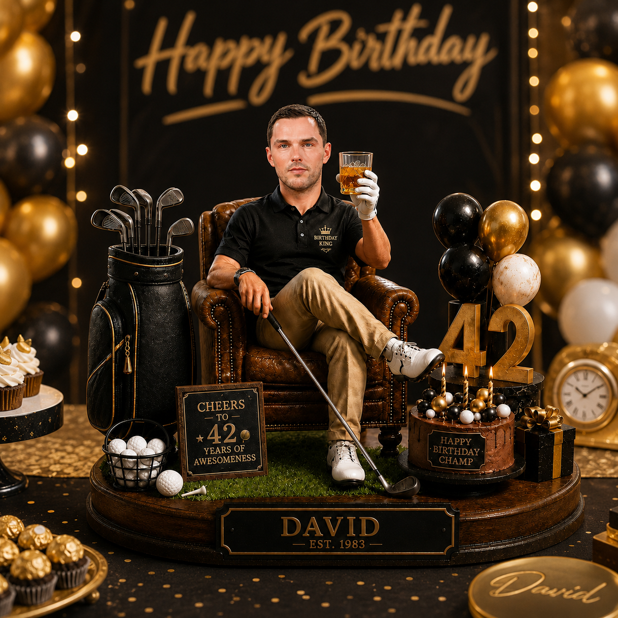 Custom Golf Birthday King Figurine – Personalized Face, Name & Year – 3D Golf Lover Birthday Keepsake Gift For Dad, Husband, Grandpa