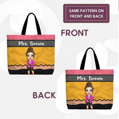 Personalised Pencil Crayon Cartoon Teacher Large Capacity Tote Bag with Name Teacher's Day Back to School Appreciation Birthday Gift for Teacher