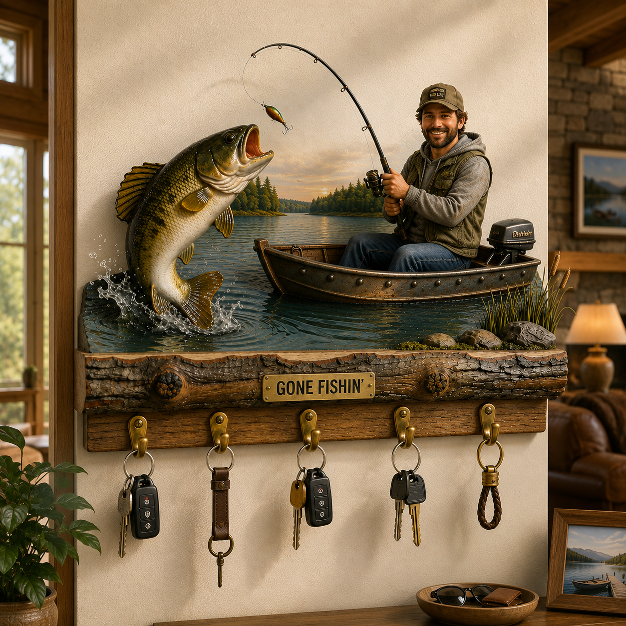 Personalized Fishing Wall Mounted Key Holder – Custom Rustic Hook Rack Gift For Fisherman