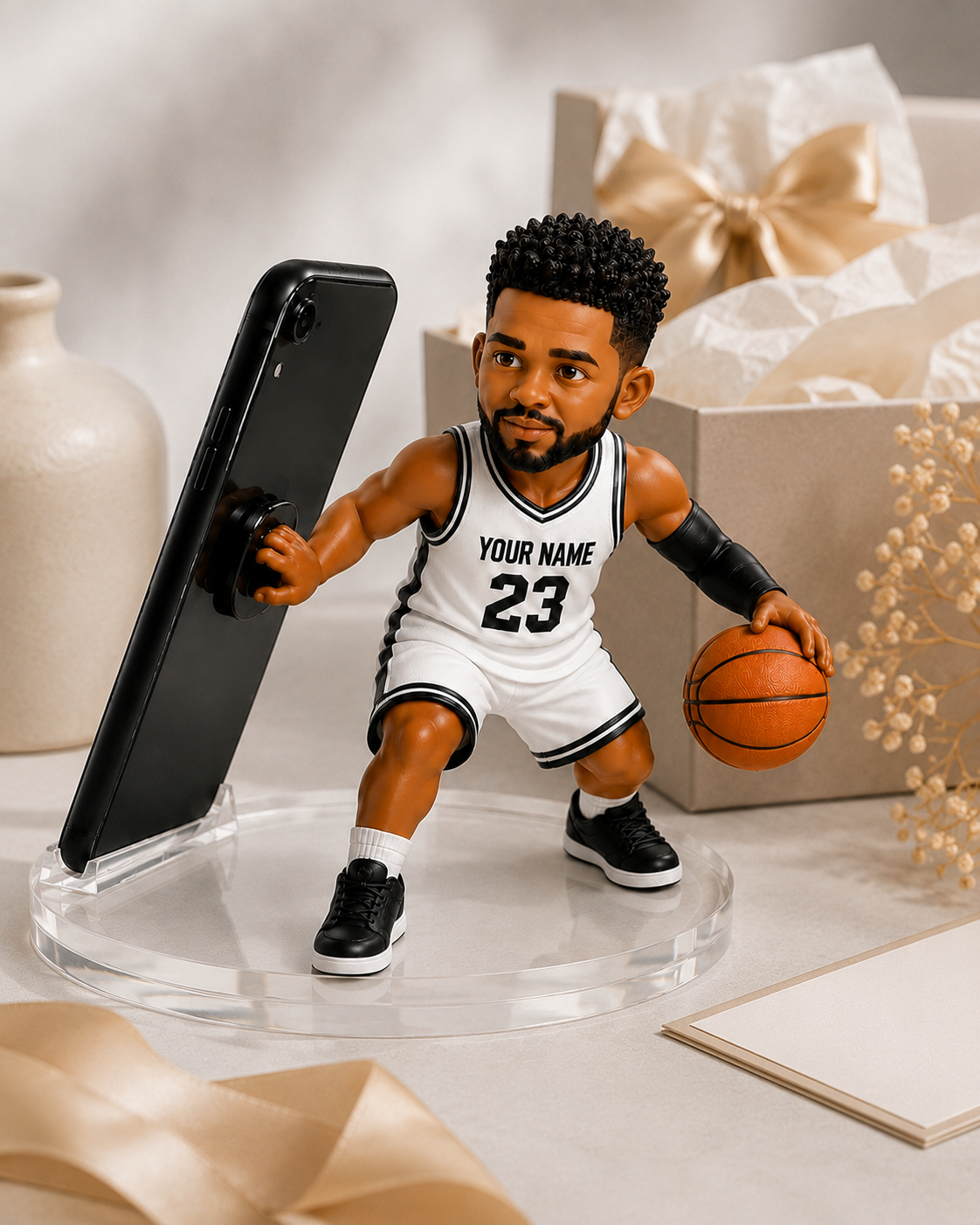 Personalized Basketball Player Phone/Tablet Holder Stand, Custom Face Basketball Mini Figure, Custom Name & Number Jersey, Basketball Gift For Kids & Adults