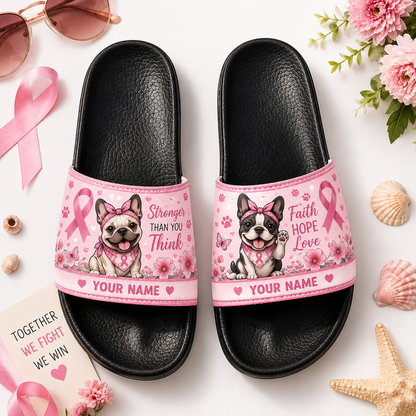 Breast Cancer Awareness Dog Lover - Personalized Slide Sandals | Custom Name Pink Ribbon Sandals Gift For Women