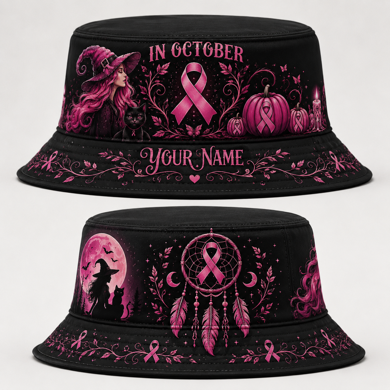 Personalized In October We Wear Pink Witch Bucket Hat – Breast Cancer Awareness Halloween Hat