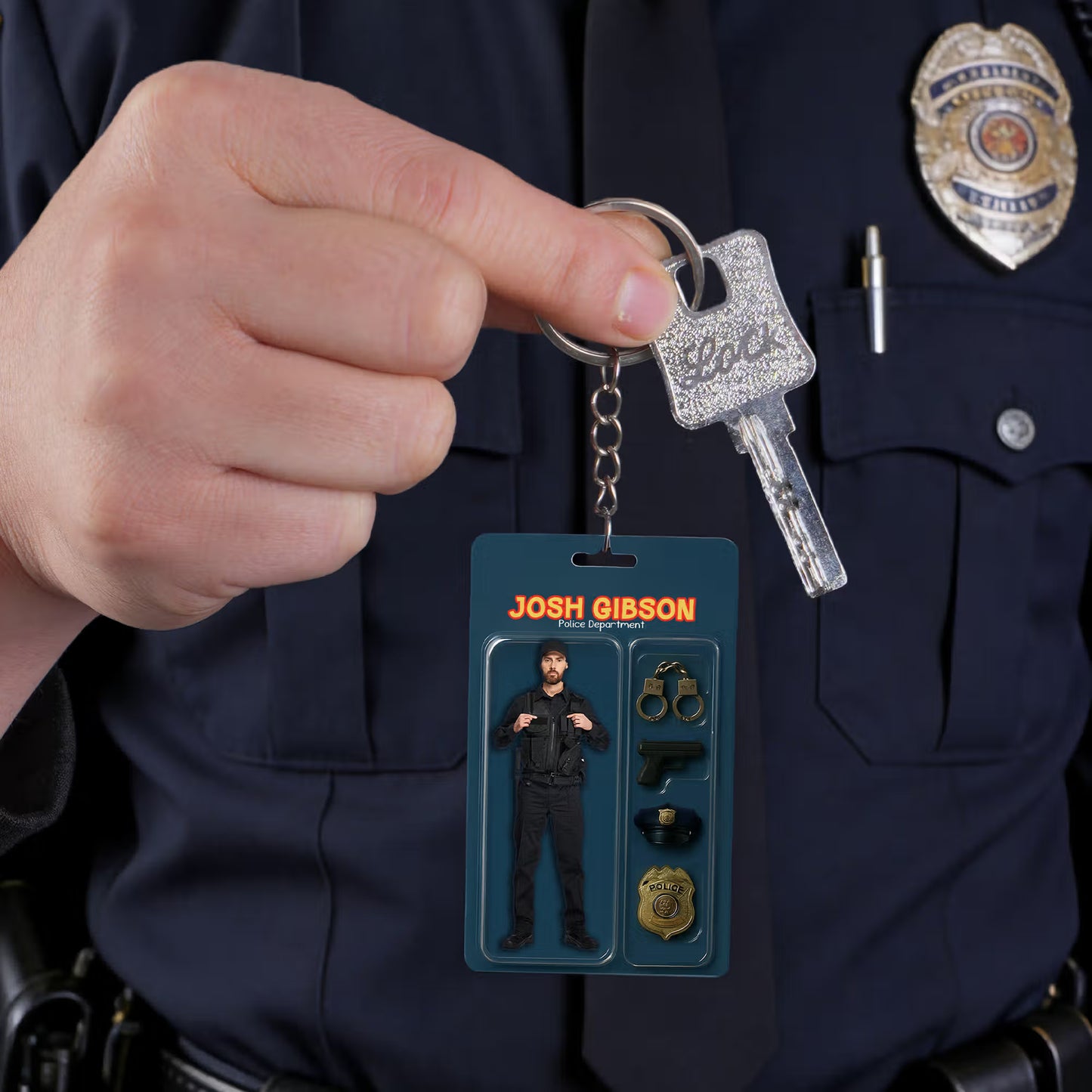 Personalised Photo 3D Effect Cartoon Police Acrylic Keychain with Department Position and Name Birthday Gift for Police