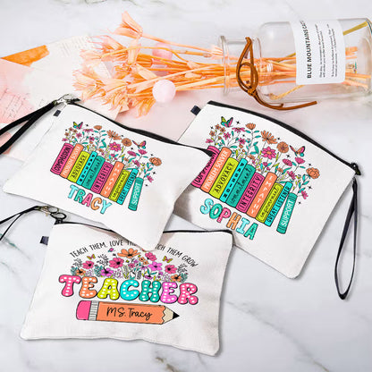 Personalized Colourful Letters Floral Book Pencil Linen Wristlet Makeup Bag with Name Appreciation Back to School Gift for Teacher