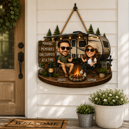 Personalized RV Camping Couple Face Cutout Wooden Door Sign – Making Memories One Campsite at a Time