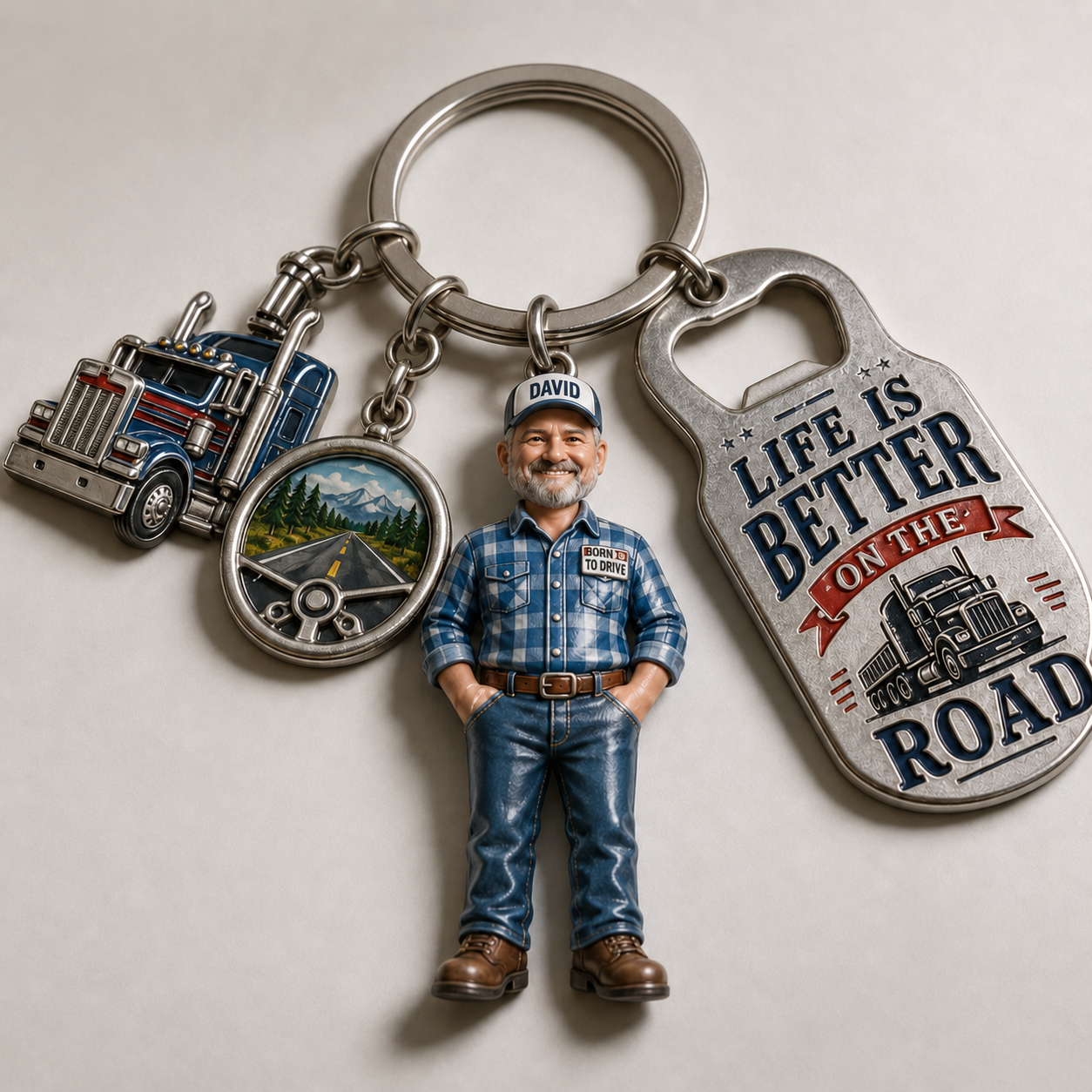 Personalized Trucker Acrylic Keychain – Custom Photo Driver Charm With Truck & Road Charms