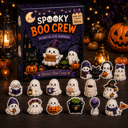 Personalized Spooky Boo Crew Halloween Advent Calendar – 24 Days of Cute Ghost Surprises, Custom Name Halloween Gift, Collectible Halloween Decor for Kids & Family