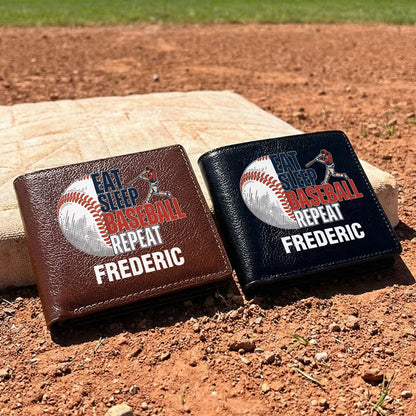 Personalised Eat Sleep Baseball Repeat PU Leather Men's Wallet with Name Father's Day Birthday Gift for Baseball Players Lovers