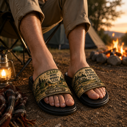 Personalized Camping Slide Sandals – Camp More Worry Less Custom Name Campers
