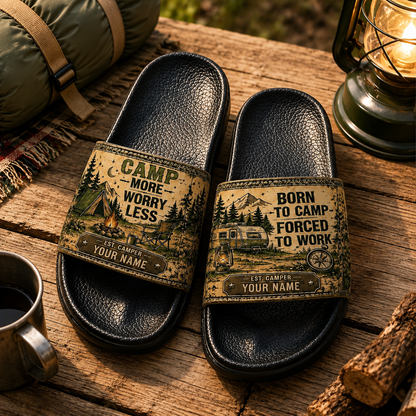 Personalized Camping Slide Sandals – Camp More Worry Less Custom Name Campers
