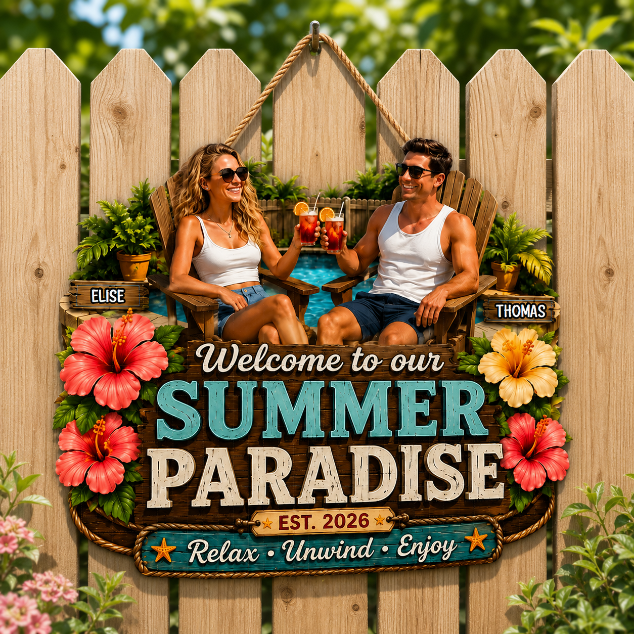 Summer Vibe Welcome To Our Poolside Paradise - Personalized Wood Sign - Gift For Couple, Summer Porch, Patio, Bar Decoration