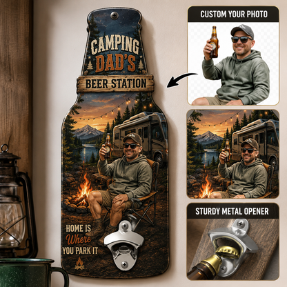 Personalized Camping Dad Photo Wall Bottle Opener – Custom RV Beer Station Metal Sign, Gift for Dad
