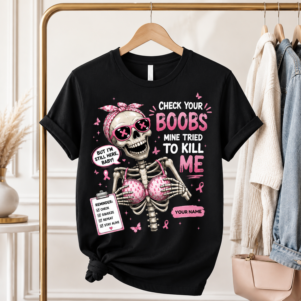 Personalized Check Your Boobs Breast Cancer Awareness T-Shirt – Funny Survivor Support Tee With Custom Name