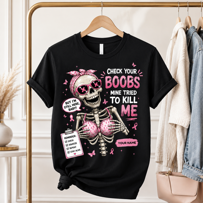 Personalized Check Your Boobs Breast Cancer Awareness T-Shirt – Funny Survivor Support Tee With Custom Name