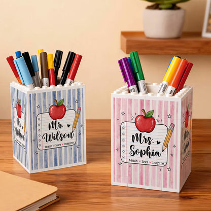 Personalised Teach Love Inspire Large Capacity Building Blocks Brick Pencil Holder with Appellation and Name Teacher’s Day Gift for Teacher