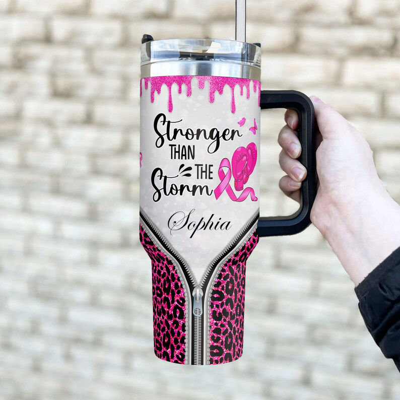 Breast Cancer Warrior Tumbler 40oz With Handle, Stronger Than The Storm 40oz Stainless Steel Tumbler With Lid and Straw, Cancer Fighter Cup