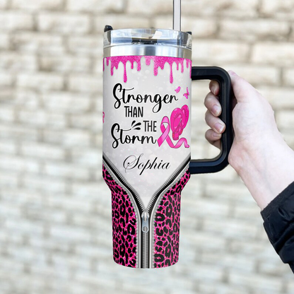 Breast Cancer Warrior Tumbler 40oz With Handle, Stronger Than The Storm 40oz Stainless Steel Tumbler With Lid and Straw, Cancer Fighter Cup