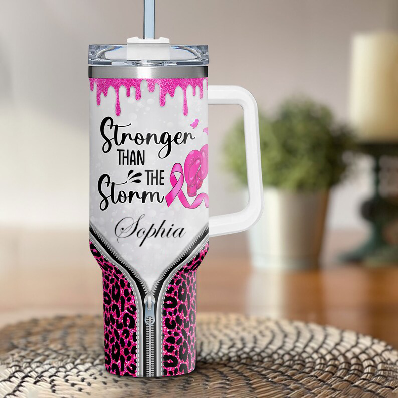 Breast Cancer Warrior Tumbler 40oz With Handle, Stronger Than The Storm 40oz Stainless Steel Tumbler With Lid and Straw, Cancer Fighter Cup