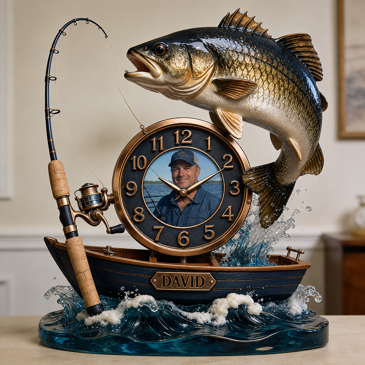 Personalized Photo Fishing Boat Wall Clock – Custom Fisherman Portrait Clock, Gift For Fishing Lovers