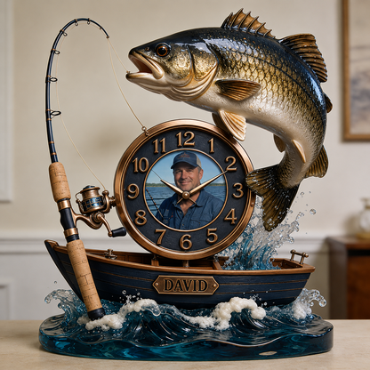 Personalized Photo Fishing Boat Wall Clock – Custom Fisherman Portrait Clock, Gift For Fishing Lovers