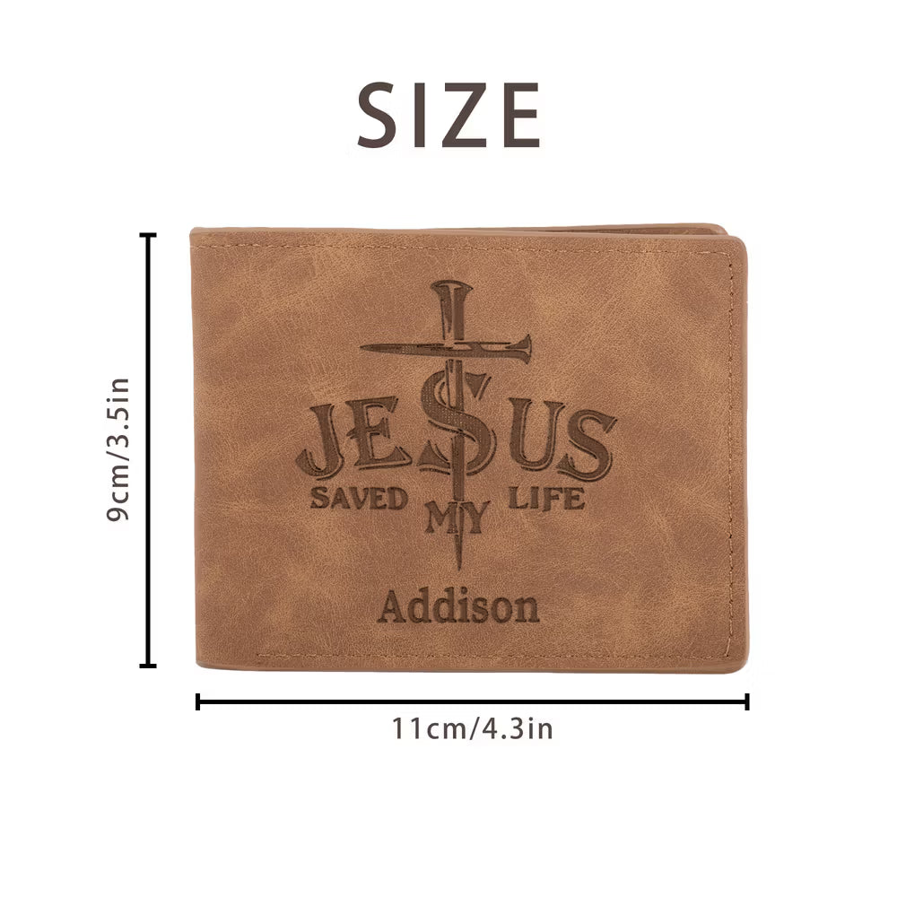 Personalised Jesus Saved My Life Cross PU Leather Men's Wallet with Name Daily Use Baptism Confirmation Gift for Husband Dad