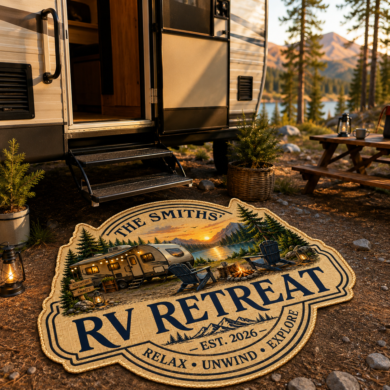 Personalized RV Retreat Custom-Shaped Doormat – Family Name Camper Welcome Mat, Camping Gift for RV Lovers