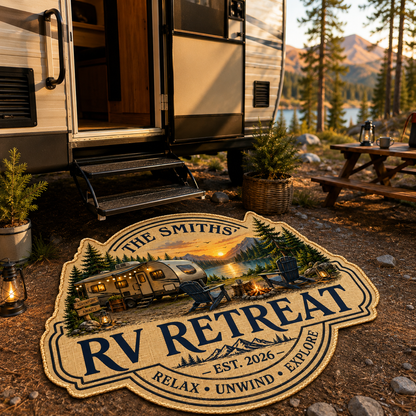 Personalized RV Retreat Custom-Shaped Doormat – Family Name Camper Welcome Mat, Camping Gift for RV Lovers