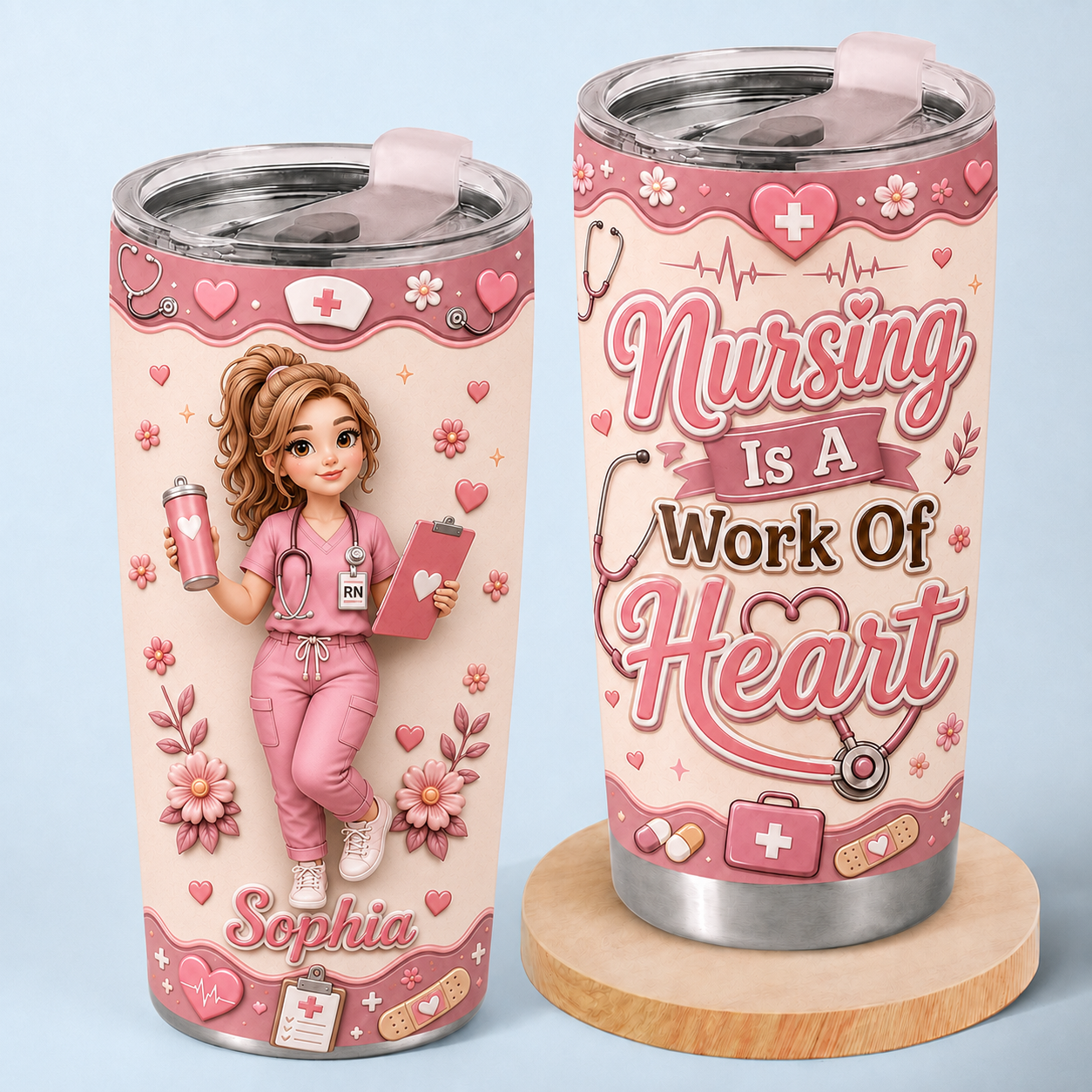 Personalized Nurse Tumbler – Nursing Is A Work Of Heart Custom Name 20oz Stainless Steel Cup